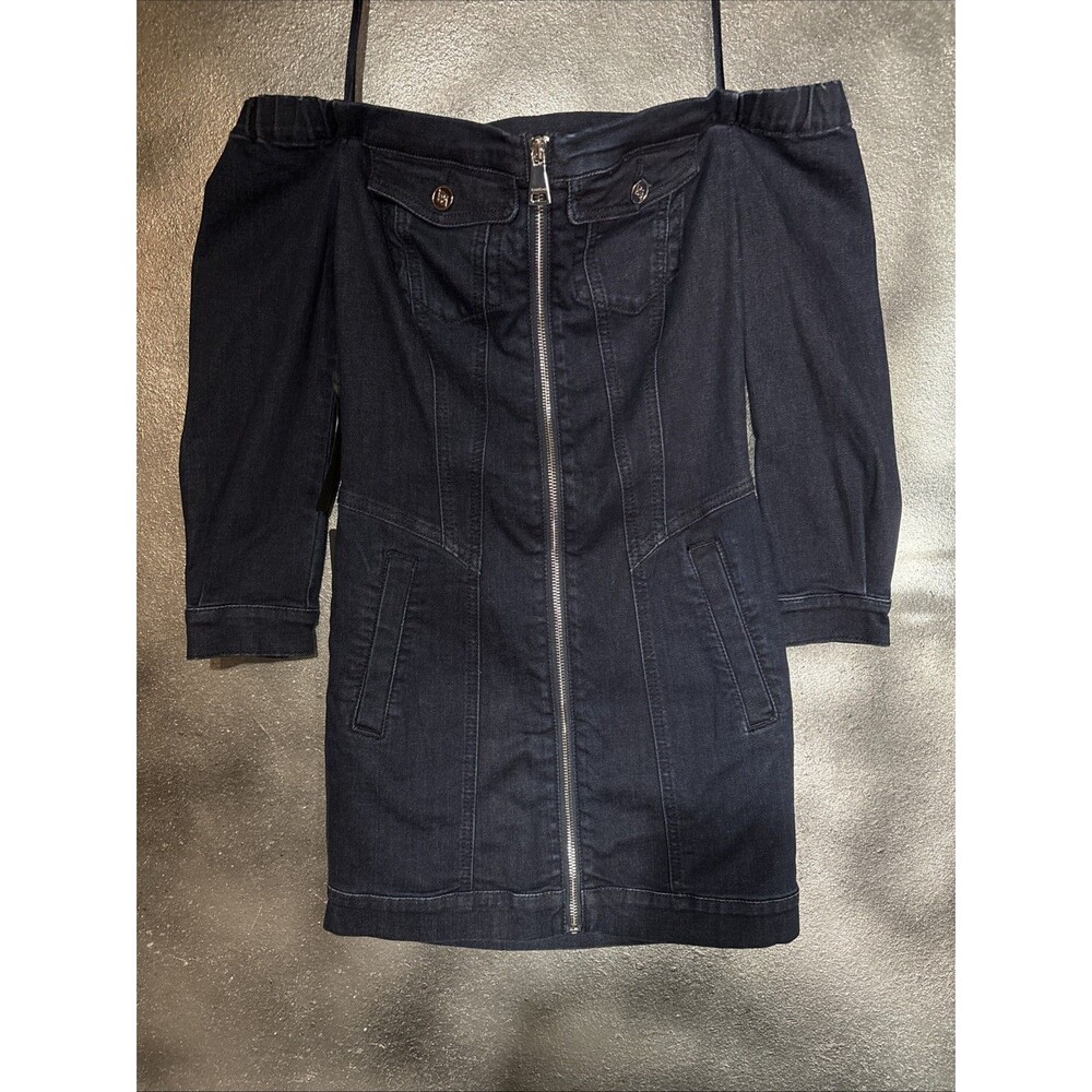 NWT Bebe Off Shoulder Full Length Zippered Denim Dress fall Sz 0 Retails $159